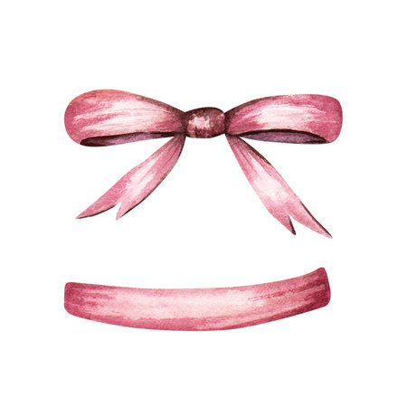 Ribbon, tape and bow. Hand drawn watercolor illustration isolated on white background. For clip art cards invitation label packageの写真素材