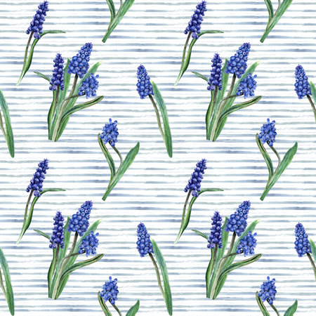 Hand drawn watercolor seamless, repeat pattern with grape hyacinth, muscari flowers on horizontal blue brush strokes background. For wrapping wallpaper fabric textileの写真素材