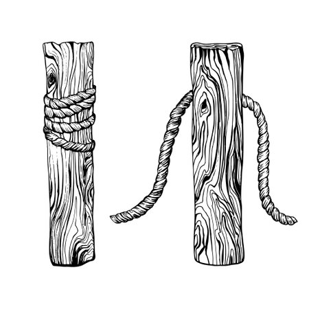 Two wooden posts wrapped with rope. Hand drawn vector illustration painted by black ink. Sketch in line art style isolated on white background. Perfect for maritime rustic or coastal themed design.のイラスト素材