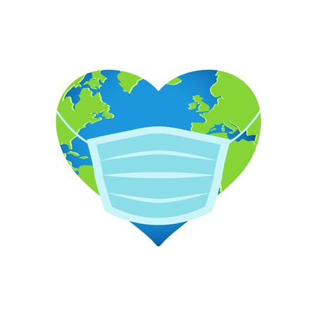 Planet Earth in a hearth shape wearing medical mask, vector illustrationのイラスト素材