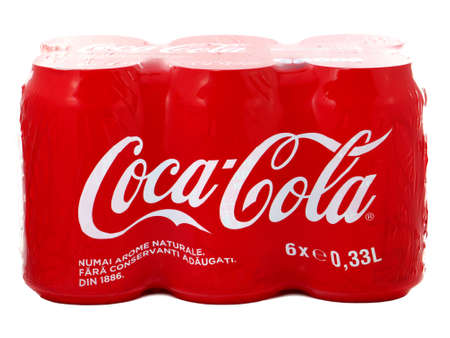 BUCHAREST, ROMANIA - DECEMBER 8, 2014. Six pack of cans of Coca-Cola produced and owned by Coca-Cola Companyのeditorial素材