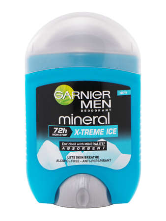 BUCHAREST, ROMANIA - FEBRUARY 25, 2017. Garnier Men Mineral X-Treme Ice Stick, protection against perspiration. Garnier is a cosmetics brand that produces hair and skin care productsのeditorial素材