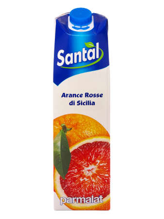 BUCHAREST, ROMANIA - DECEMBER 6, 2016. Pack of Santal Sicilian red orange juice isolated on white, produced by Parmalatのeditorial素材