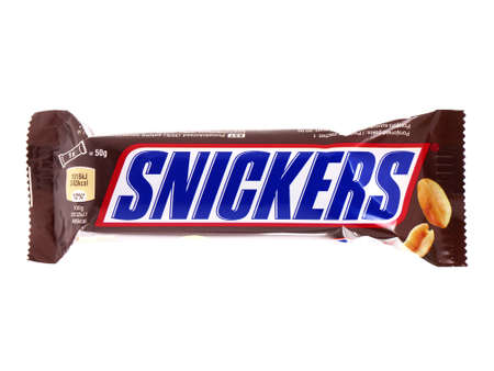 BUCHAREST, ROMANIA - JANUARY 16, 2017. Snickers chocolate bar isolated on white backgroundのeditorial素材
