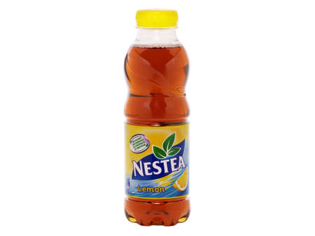 BUCHAREST, ROMANIA - DECEMBER 6, 2016. Bottle of Nestea, a refreshing made with real tea and natural lemon flavor. Nestea is a brand of iced tea manufactured by Nestleのeditorial素材