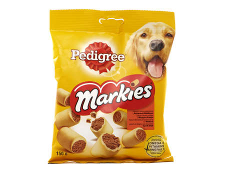 BUCHAREST, ROMANIA - DECEMBER 8, 2016. Pedigree Markies Marrowbone Snacks, dog food pouches. Pedigree is a brand of dog food sold throughout the worldのeditorial素材