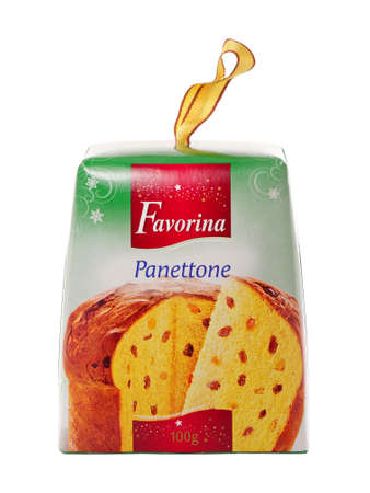BUCHAREST, ROMANIA - DECEMBER 12, 2014. Packed Panettone Favorina isolated on white. Panettone is a type of sweet bread loaf originally from Italy usually prepared and enjoyed for Christmas and New Yeのeditorial素材