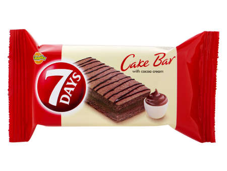 BUCHAREST, ROMANIA - APRIL 9, 2016. 7Days Cake Bar with cocoa cream, produced and manufactured by Chipita. 7Days Cake Bar is a very popular dessert or snackのeditorial素材