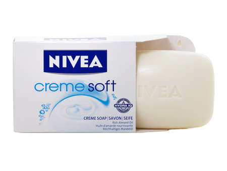 BUCHAREST, ROMANIA - MARCH 8, 2015. Nivea Creme Soft bar soap isolated on white. Nivea is a skin and body care brand owned by the German company Beiersdorf AGのeditorial素材