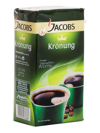 BUCHAREST, ROMANIA - MAY 3, 2016. Jacobs Kronung, vacuum packed coffee isolated on white. Jacobs Kronung brand is known for its quality across the worldのeditorial素材