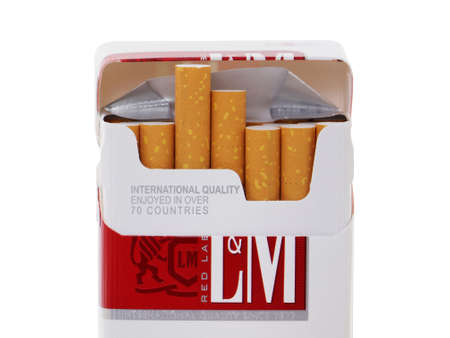 BUCHAREST, ROMANIA - APRIL 2, 2015. L&M Cigarette pack isolated on white, produced by Altria Group, Inc.のeditorial素材