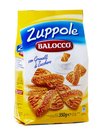 BUCHAREST, ROMANIA - APRIL 20, 2016. Balocco Zuppole, biscuits with crystals of sugar. Balocco Zuppole can be perfect breakfast, enjoyed with a cup of coffee, milk or teaのeditorial素材