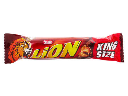 BUCHAREST, ROMANIA - APRIL 15, 2015. Lion King Size chocolate bar isolated on white, produced by Nestleのeditorial素材