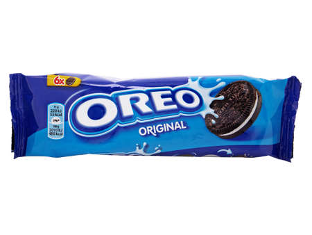 BUCHAREST, ROMANIA - APRIL 4, 2016. Oreo Original cookies isolated on white background. The brand Oreo is owned by by Mondelez internationalのeditorial素材