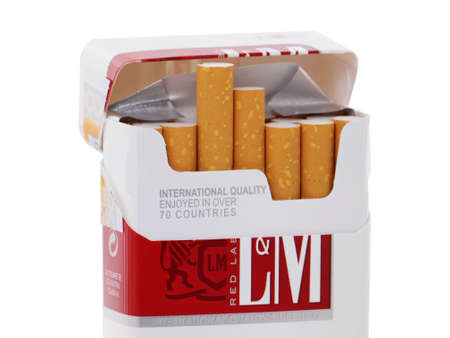 BUCHAREST, ROMANIA - APRIL 2, 2015. L&M Cigarette pack isolated on white, produced by Altria Group, Inc.のeditorial素材