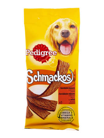 BUCHAREST, ROMANIA - APRIL 26, 2016. Pedigree Schmackos with Beef. Pedigree Schmackos are made with fresh meat and provide vitamins and mineralsのeditorial素材