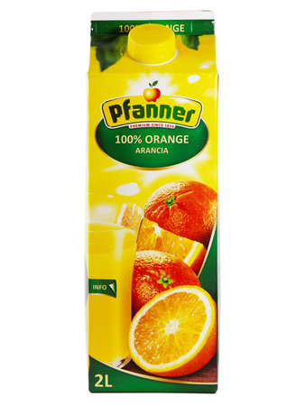 BUCHAREST, ROMANIA - MAY 12, 2016. Pfanner Orange Natural Juice, no sugar added, isolated on whiteのeditorial素材