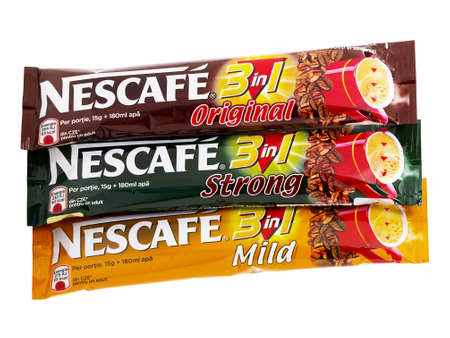 BUCHAREST, ROMANIA - MARCH 30, 2015. Nescafe 3 in 1, Instant Coffee with cream and sugar. One individual package makes one cup of excellent coffee with cream and sugar, in a very short timeのeditorial素材