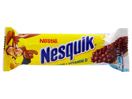 BUCHAREST, ROMANIA - APRIL 14, 2015. Nestle Nesquik Cereal bar. Nestle Nesquik can be a healthy snack with less calories and many vitamins and mineralsのeditorial素材