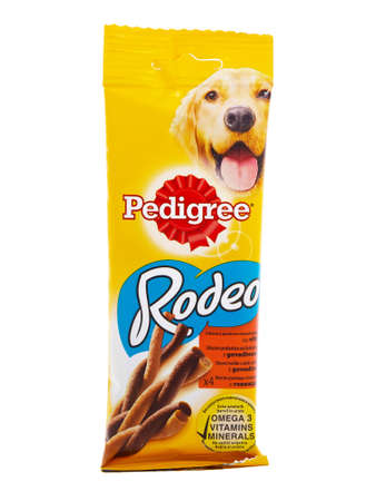 BUCHAREST, ROMANIA - APRIL 26, 2016. Pedigree Rodeo with Beef. Pedigree Rodeo is a great way to reward your dog and provide vitamins and mineralsのeditorial素材