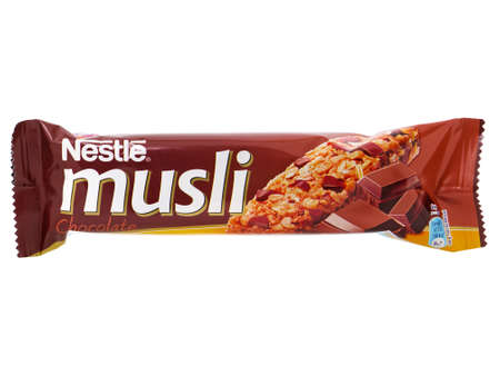 BUCHAREST, ROMANIA - APRIL 14, 2015. Nestle Musli Chocolate Cereal Bar. Nestle Musli can be a healthy snack with less caloriesのeditorial素材