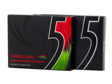 BUCHAREST, ROMANIA - MARCH 26, 2016. Two packs of 5 chewing gum isolated on white, manufactured by the Wrigley Companyのeditorial素材