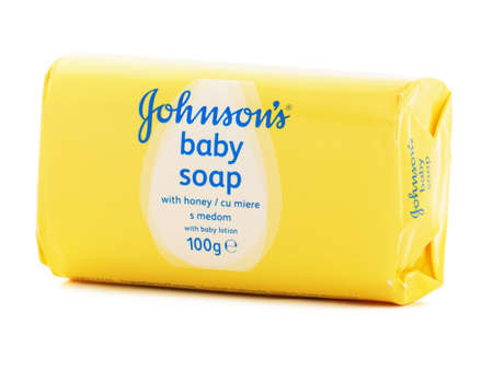 BUCHAREST, ROMANIA - APRIL 23, 2015. Johnson\'s Baby soap with honey isolated on white, product owned by Johnson & Johnson Companyのeditorial素材