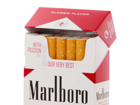 BUCHAREST, ROMANIA - APRIL 6, 2016. Pack of Marlboro Cigarettes, made by Philip Morris. Marlboro is the largest selling brand of cigarettes in the worldのeditorial素材