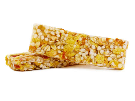Apricot cereal bars isolated on whiteの写真素材