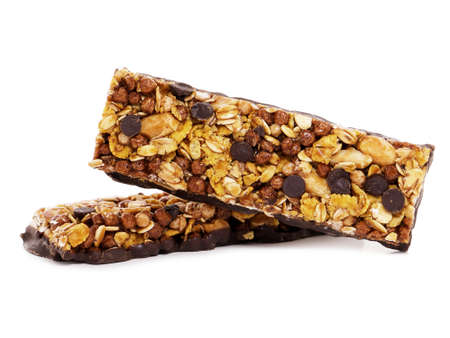 Chocolate cereal bars isolated on whiteの写真素材
