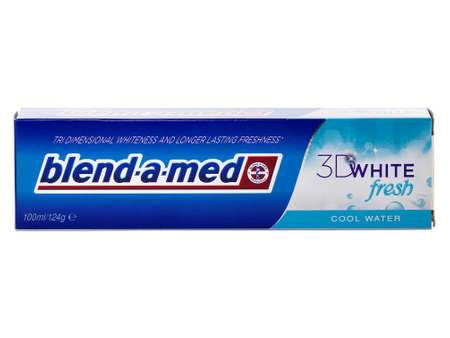 BUCHAREST, ROMANIA - MAY 22, 2015. Blend-A-Med toothpaste, 3D White Fresh, Cool Water made by Procter & Gambleのeditorial素材