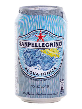 BUCHAREST, ROMANIA - MAY 28, 2015. Can of San Pellegrino tonic water isolated on whiteのeditorial素材