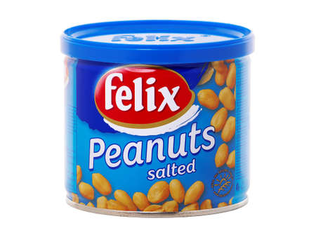 BUCHAREST, ROMANIA - MAY 25, 2015. Can of Felix Salted Peanuts isolated on whiteのeditorial素材