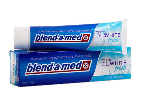 BUCHAREST, ROMANIA - MAY 22, 2015. Blend-A-Med toothpaste, 3D White Fresh, Cool Water made by Procter & Gambleのeditorial素材