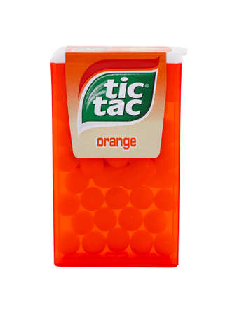BUCHAREST, ROMANIA - APRIL 1, 2017. Tic Tac Orange, used to refresh the mouth, cooling breath and gives off a pleasing smell . Tic Tac is a brand of small, hard mints, produced by Ferreroのeditorial素材