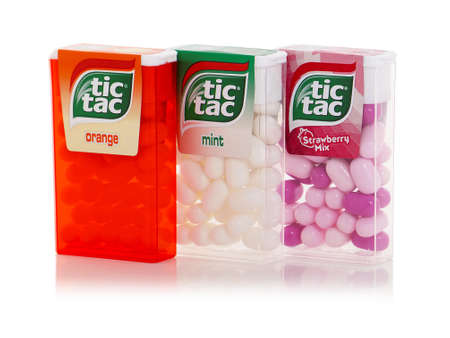 BUCHAREST, ROMANIA - APRIL 1, 2017. Tic Tac Mint, Orange and Strawberry Mix, used to refresh the mouth, cooling breath and gives off a pleasing smell . Tic Tac is a brand owned by Ferreroのeditorial素材