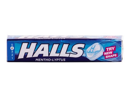 BUCHAREST, ROMANIA - APRIL 5, 2015. Halls Mentho-Lyptus. Halls is the brand of a popular mentholated cough dropのeditorial素材