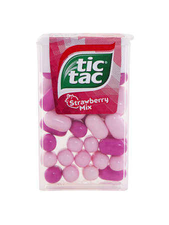 BUCHAREST, ROMANIA - APRIL 1, 2017. Tic Tac Strawberry Mix, used to refresh the mouth, cooling breath and gives off a pleasing smell . Tic Tac is a brand of small, hard mints, produced by Ferreroのeditorial素材