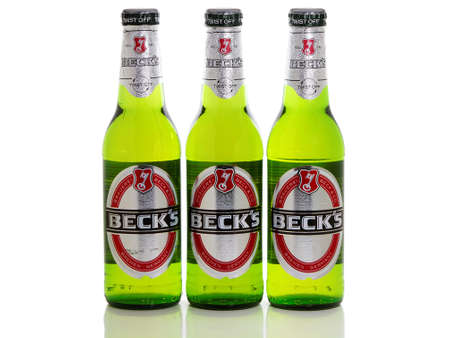 BUCHAREST, ROMANIA - MAY 29, 2015. Beck\'s glass bottle beer, a brand owned by Brauerei Beck & Co. Beck\'s is the world\'s best selling German beerのeditorial素材