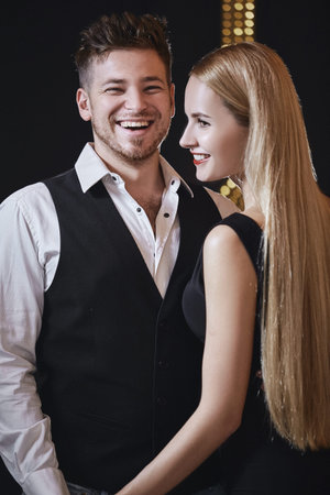 Love story of beautiful couple in studio. Sensual couple. Sequal couple. Couple in love. Man and...