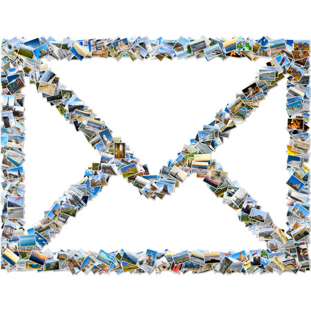Photo collage - mosaic-like mail envelope made from travel images isolated on white background