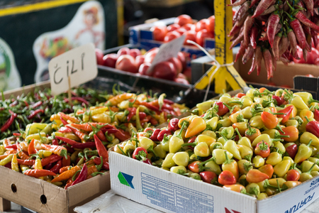 Nis, Serbia - September 03, 2017: Fresh veggies and chili peppers on the fruits and vegetables marketのeditorial素材