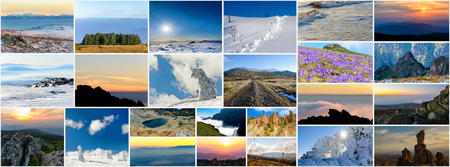 Collage of various nature photos in different seasons, aspect ratio for social network cover photoの写真素材