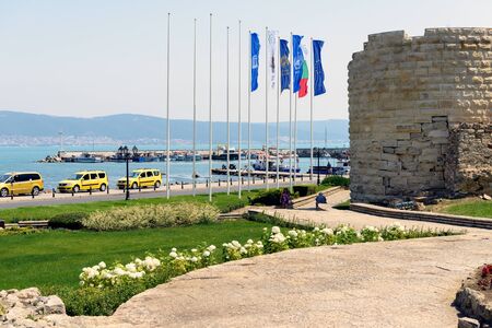 Nesebar, Bulgaria - July 07, 2017: The harbor and coastal view of the old town of Nesebar with ruins of Mesambria fortressのeditorial素材