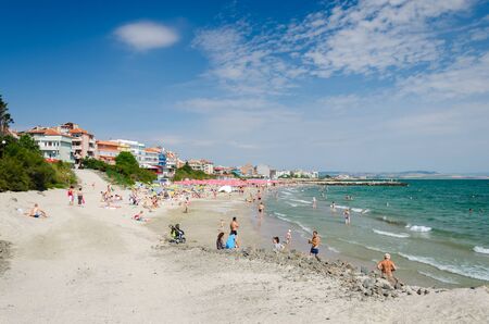 Pomorie, Bulgaria - June 28, 2015: People enjoying the sea at the beach of Pomorie on the shore of Black Seaのeditorial素材