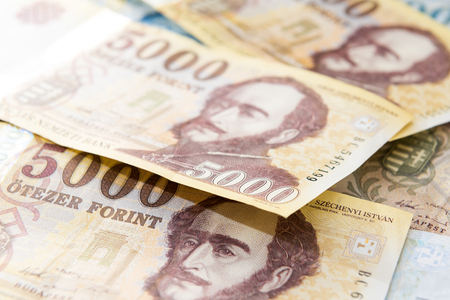Financial background of Hungarian money - forints currencyの写真素材