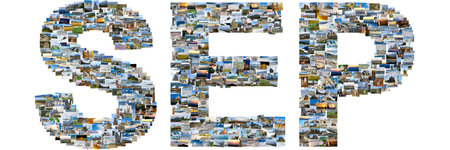 September - illustrated name of calendar month, each letter is made of multiple travel photos....