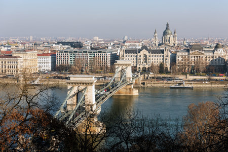 BUDAPEST, HUNGARY - December 30, 2017 : Cityscape of Budapest with Chain Bridge in foregroundのeditorial素材