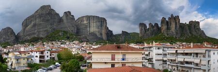 Kalabaka, Greece - April 15, 2017 : Stormy weather in Kalabaka village with the rocks of Meteora in backgroundのeditorial素材