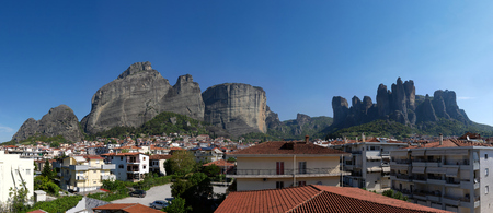 Panoramic view of Kalabaka, Greece with the monolith rocks of Meteora in background のeditorial素材
